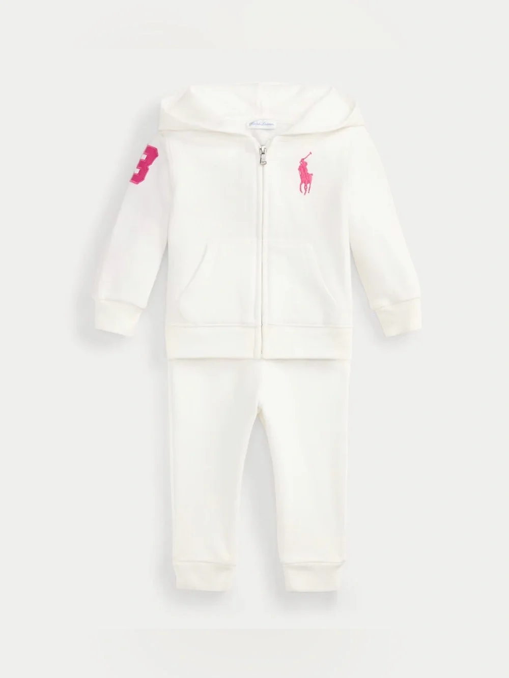 Ralph Lauren Baby White Hoodie & Jogger Set with Hot Pink Logo Accents 6 Months